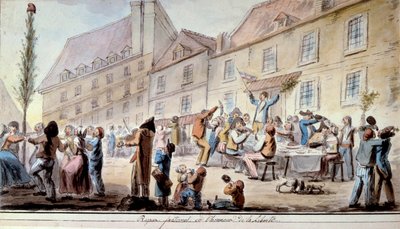 Franske revolution: broderligt måltid til ære for friheden i juni 1793. Patrioter og parisere fejrer Liberte. Mottoet "Liberte, egalite, broderskab"" dukkede op for første gang i denne periode. Akvarel fra 1793. Paris, Arsenals bibliotek af French School