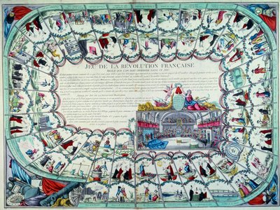 Ranskan vallankumous: hanhipeli, joka esittelee vallankumouksen tärkeimmät vaiheet ja näkymän kansalliskokoukseen. 1700-luvun loppu. Paris, B.N. af French School