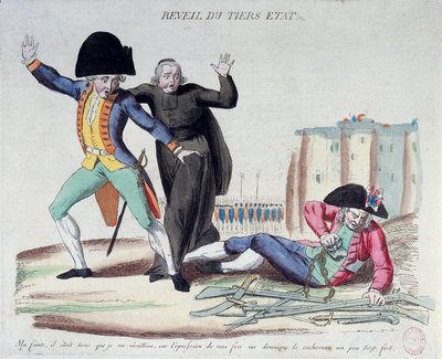 Den franske revolution: opvågningen af den tredje stat (Third State). Tegneserie om de tre ordener. Han befriede sig selv fra sine lænker under hærens og præsternes skræmte øjne. Fransk tryk fra 1789. Paris, B.N. af French School