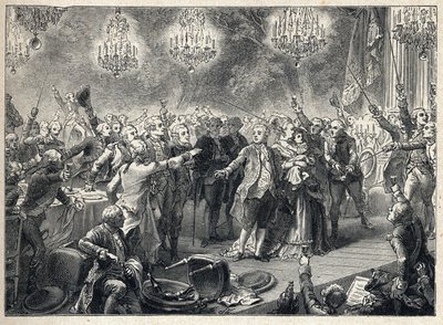 Den franske revolution: royalisterne sværger loyalitet til monarkiet i nærværelse af kong Louis XVI (1754-1793) af dronning Marie Antoinette (1755-1793) og delfinen ved livvagternes banket, der blev organiseret den 1. oktober 1789 i Orangerie de Versailles af French School