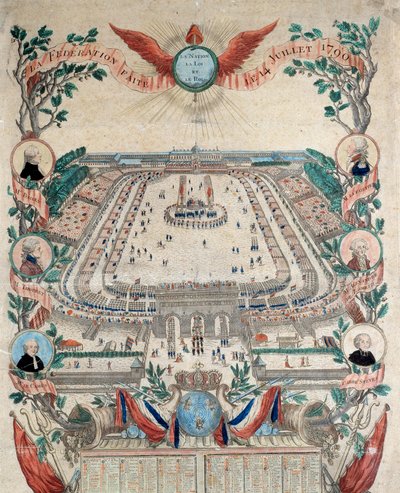 Den franske revolution: Udsigt over festen for den nationale føderation den 14.7.1790 på Champs de Mars. Stik fra 1790. Paris, Nationalarkivet af French School