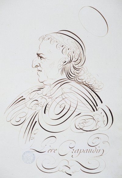 Fransk kalligrafi: Portræt af Fader Crapaudin af Bernard af Paris omkring 1780. Historisk bibliotek i byen Paris. af French School