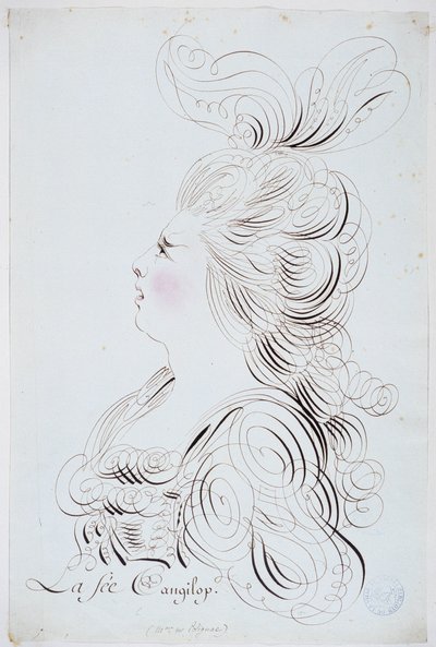 Fransk kalligrafi: Portræt af prinsessen af Polignac i ansigtet forstærket med akvarel af Bernard de Paris omkring 1780. Historisk bibliotek i byen Paris. af French School