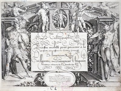 Fransk kalligrafi: Teknografi, frontispice af Guillaume the Gangneur omkring 1599. Historisk bibliotek i byen Paris. af French School