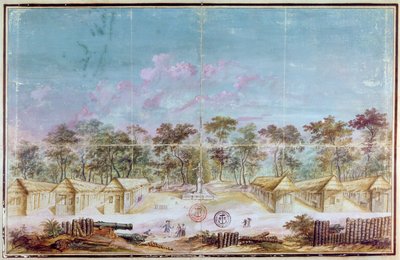 Franske kolonister bosatte sig på stranden i Kourou, Guyana i 1763 (wc på papir) af French School