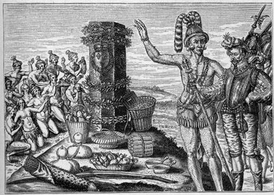 Fransk koloni i Amerika: Floridianerne elsker mindesøjlen erigee af Rene de Laudonniere til minde om de spanske angreb på de franske protestantiske kolonier i 1564. Fra en gravering fra det 16. århundrede. I "La Marine et les kolonier: handel" af French School