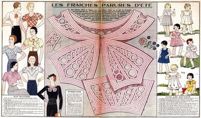 Fransk mode i sommeren 1934: feminin mode (bluser) og barnlig mode (kjoler og kostumer). I "Le petit echo de la mode" af French School