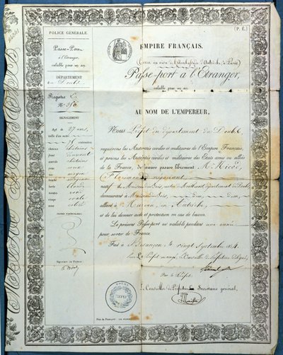 Fransk pas, fra Besancon, 20. september 1854 af French School