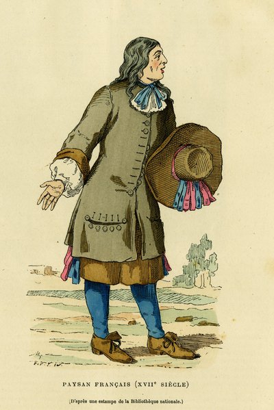 Fransk bondedragt i 1700-tallet. Indgravering i farver efter et tryk af nationalbibliotheket, i "France et les francais a travers les centuries" af Augustin Challamel, F.Roy redaktør, Paris 1882. Selva Collection. af French School