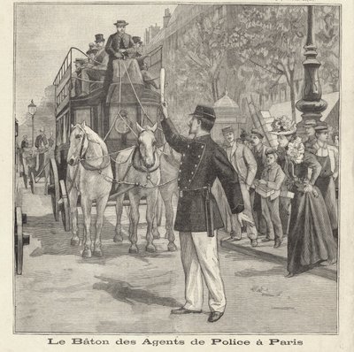 Fransk politimand bruger sin stafet til at dirigere trafikken på gaderne i Paris (gravering) af French School