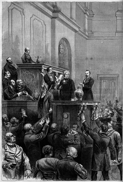 Fransk præsidentvalg, 30. januar 1879: efter Mac Mahons (Mac-Mahon) tilbagetræden, stemte parlamentarikere for at vælge en ny præsident for republikken. Graveringen forestiller Jules Armand (Jules-Armand) Dufaure (1798-1881), der sætter sin stemmeseddel af French School