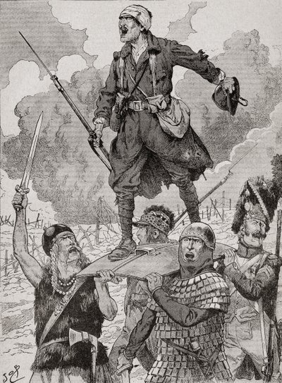 Fransk propagandaplakat med titlen "On Les Aura", eller vi vil have dem. Fire soldater fra forskellige historiske perioder bærer en såret, men trodsig soldat fra Første Verdenskrig på et skjold. Fra Agenda Buvard du Bon Marche udgivet 1917. af French School
