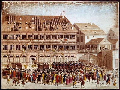Fransk revolution: plyndring af Strasbourgs rådhus den 20/07/1789. Anonym print. Paris, B.N. af French School