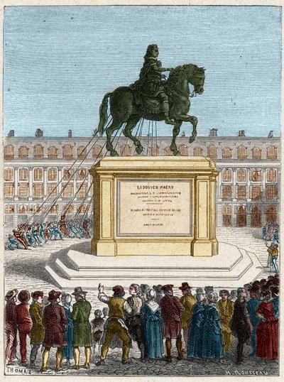 Fransk revolution: væltning af statuen af kong Louis XIV (1643-1715), Place Vendome i Paris af French School