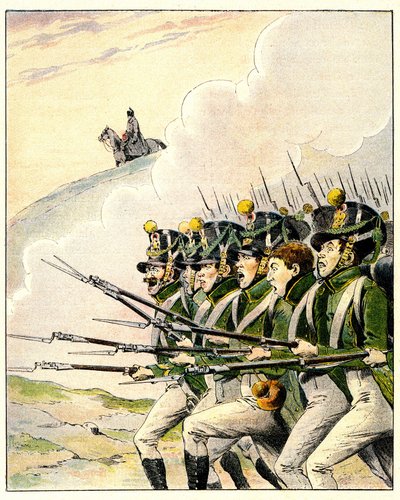 Franske soldater under slaget ved Waterloo (farve litho) af French School
