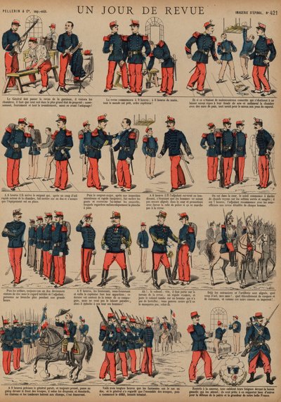 Franske soldater på dagen for en anmeldelse (farvet indgravering) af French School