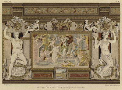 Fresco i Chateau de Fontainebleau, Frankrig, 1500-tallet af French School