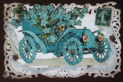 Venskabslykønskningskort, der viser en bil dækket af blomster, tidligt i det 20. århundrede (farve litho)_ af French School