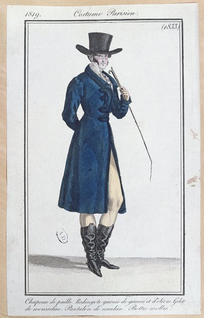 Frakke med stråhat, nankeen-bukser og bløde støvler, 1819 af French School