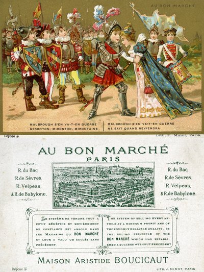 For- og bagside af et salgsfremmende kort til det parisiske stormagasin Au Bon Marché, der viser en af de mest populære folkesange på det franske sprog, Marlbrough sen va-t-en guerre (Marlborough af French School