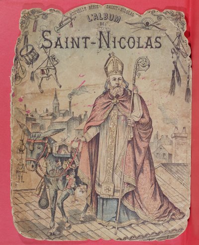 Forside på et billedalbum, der viser Skt. Nicholas, der bringer gaver til børnene, sent i det 19. århundrede (farvegravering) af French School