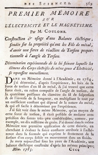 Frontispice af bogen "" First memoir on electricity and magnetism"" af Coulomb af French School