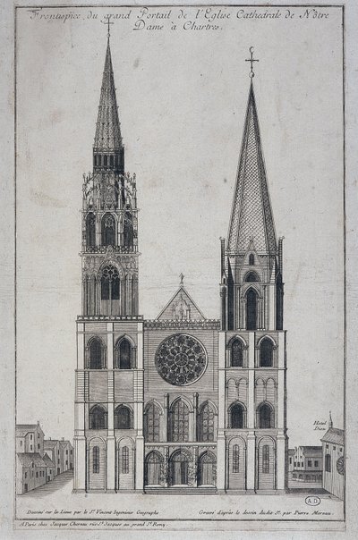 Frontispice af den store portal til Church Cathedrale de Notre Dame à Chartres, designet på stedet af Saint Vincent Geographer Engineer, sd. 19. århundrede af French School