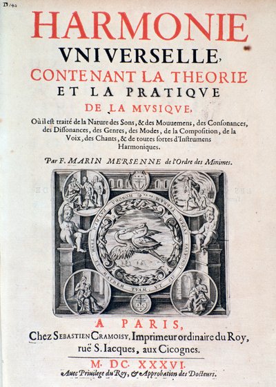 Frontispice af Harmonie universelle, der indeholder teori og praksis om musik af Marin Mersenne (Marin Mersennus eller le Pere Mersenne) (1588-1648), 1637. af French School