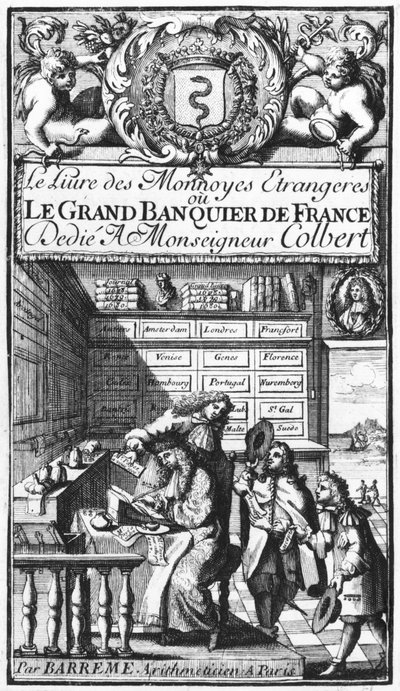 Frontispice af Le Grand Banquier de France ou Le Livre des Monnaies Etrangeres af Bertrand Francois Barreme (1640-1703) slutningen af ​​det 17. århundrede af French School