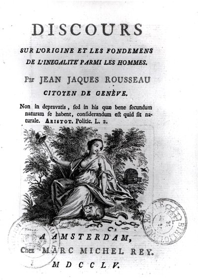 Frontispice til diskurs om oprindelsen og grundlaget for ulighed blandt mænd af Jean-Jacques Rousseau (1712-78) ca. 1755 af French School