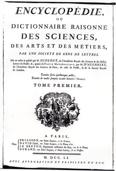 Frontispice til The Encyclopedia of Science, Art and Engineering af Denis Diderot (1713-84) udgivet i Paris, 1751 af French School
