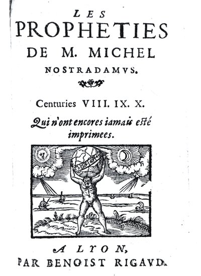 Frontispice til The Prophecies of M. Michel Nostradamus, pub. af Benoist Rigaud, 1568 af French School