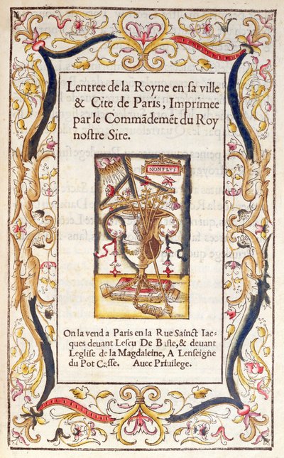 Frontispice til en bog om Marguerite de Navarres (1492-1549) indtog i Paris i 1531 af French School