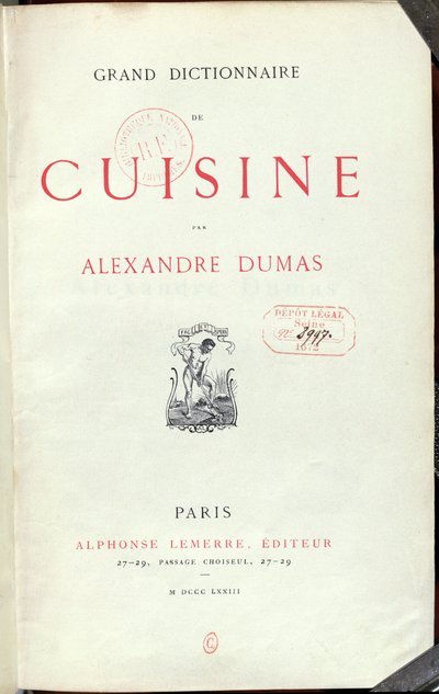 Frontispice til Grand Dictionnaire de Cuisine af Alexandre Dumas pere (1803-70) 1873 af French School