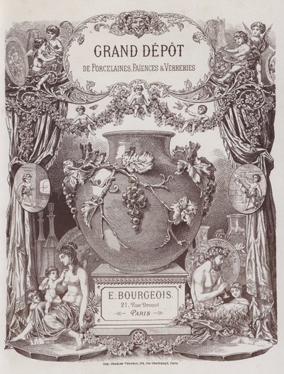 Frontispice til kataloget over Grand Depot de Porcelaines, Faiences et Verreries (farve litho) af French School