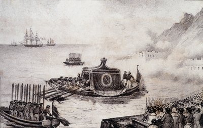 Begravelse af Napoleon I: afgang af St. Helena - tegning af Levilly, i "" Historisk maleri af Napoleons begravelse"" af M. St. Maurice, ca. 1851. af French School