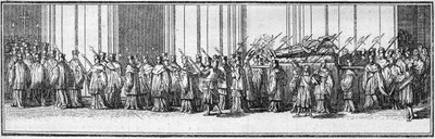 Begravelse af en pave i det 18. århundrede: Liget af paven bærer til Peterskirken i Rom. Indgravering i "Histoire des religions"". af French School
