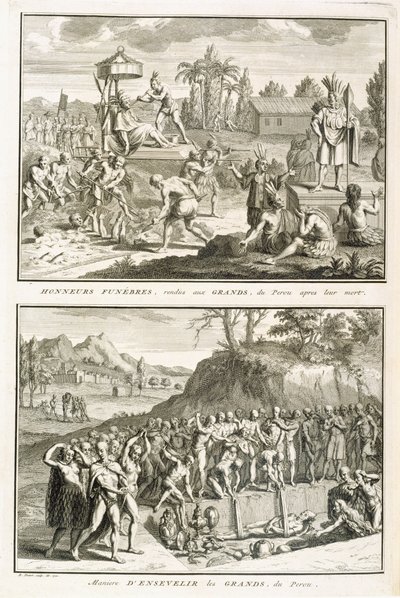 Begravelsesritualer og måden at begrave herrer efter deres død i Peru, illustration fra religiøse ceremonier og skikke, indgraveret af Bernard Picart (1673-1733) 1722 af French School