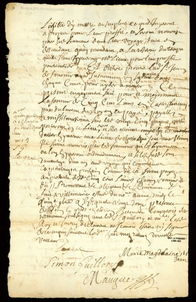 Pelshandelskontrakt mellem Francois Francoeur og fire voyageurs om transport af varer og køb af bæverpels i Michilimackinac og Chicago, 1692 (se også 332318) af French School