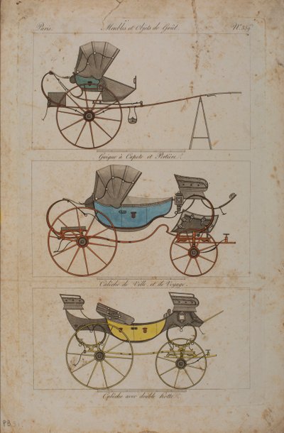 Møbler og smagsgenstande, nr. 32, Phaeton Simple (farvet gravering) af French School