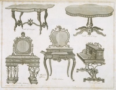 Møbeldesign af Lefevre-Chauveaux, fra Album Dessins de Meubles, sort/hvid gravering af French School