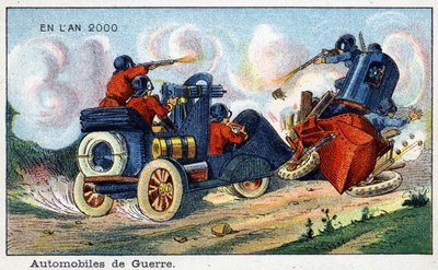 Futuredays: A Nineteenth Century Vision of the Year 2000 - Serie "" In the Year 2000": Automotive of War. Kromolitografi af Villemard af French School