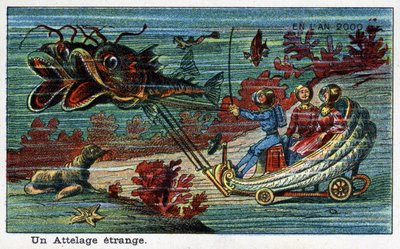 Futuredays: A Nineteenth Century Vision of the Year 2000 - Serie "" In the Year 2000": Et mærkeligt problem (tank tegnet af fisk under havet). Kromolitografi af Villemard af French School
