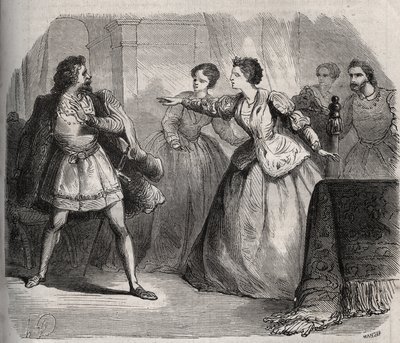 Gabrielle de Vergy bestrider sin forlovede, Eudes de Fayel, som er jaloux på det venskab, hun har med sin fætter, Albert de Nozereau. Scene af en legende fra det 12. århundrede. Indgravering fra 1871 i "Histoire Des Cocus Celebres"" af Henry de Kock (1819- af French School