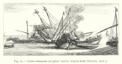 Galley angriber et stort skib; efter Israel Silvestre, 1600-tallet (stik) af French School