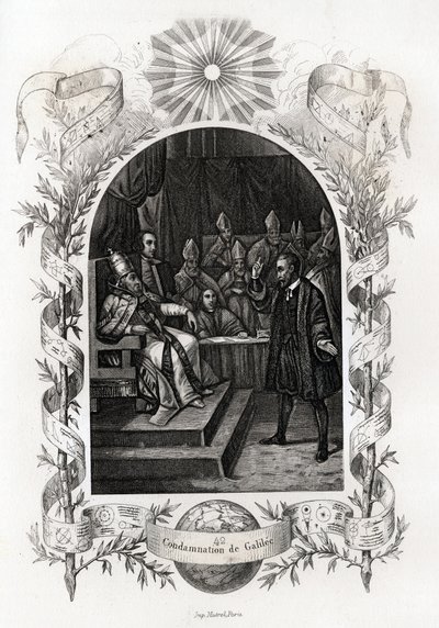 Galilæa (eller Galileo Galilei (1564-1642)) foran det hellige embede i Vatikanet”” Astronomen blev dømt af inkvisitionsdomstolen i 1632. Indgravering til illustration af Histoire des popes af Maurice Lachatre (1814-1900), librairie du progres, Paris. af French School