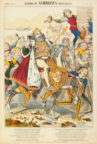 Gambriunus, legendarisk konge af Flandern, broadsheet udgivet af Verlag Haguenthal, Pont-a-Mousson, 1860 af French School