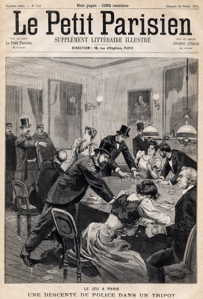 Spillehus i Paris: Politirazzia i en spilleklub (kasino). En af avisen "Le Petit Parisien"" den 26/02/1893 (gravering) af French School