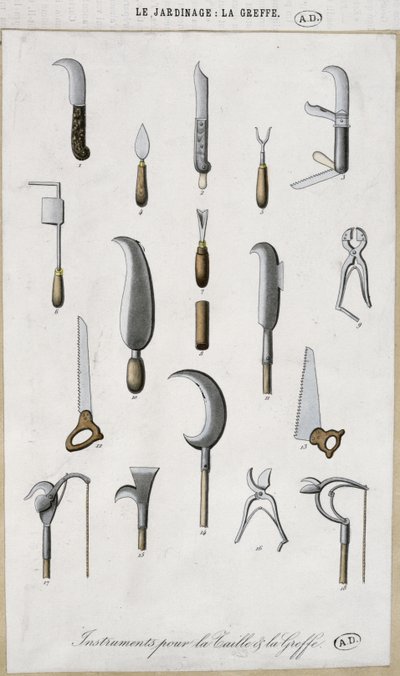 Haveredskaber til podning og beskæring (farvegravering) af French School
