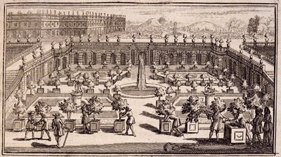 Gartnere, der arbejder i en appelsinhave, fra Le Parfait Jardinier, eller Instruction pour les Jardins Fruitiers et Potager, af Jean de la Quintinye, udgivet 1695 af French School